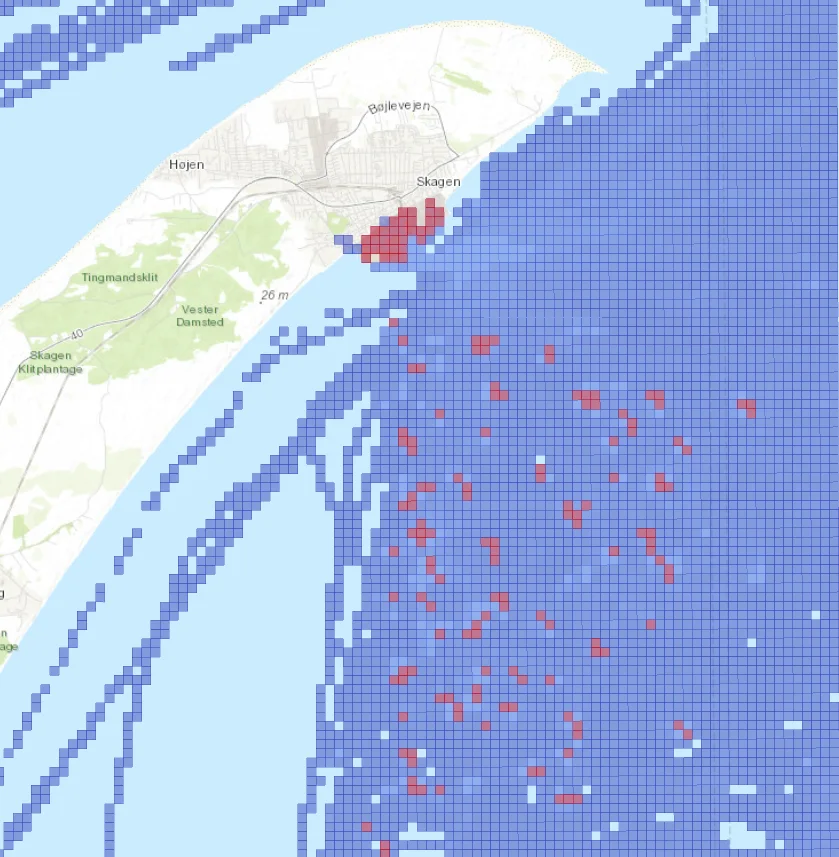 Seagull quad grid at zoom level 17 off Skagen, Denmark, colored by vessel occupation time, with anchored vessels showing as red cells