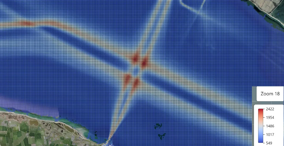 Seagull quad grid at zoom level 18 around a harbor, colored by vessel count, with berths and channels in red