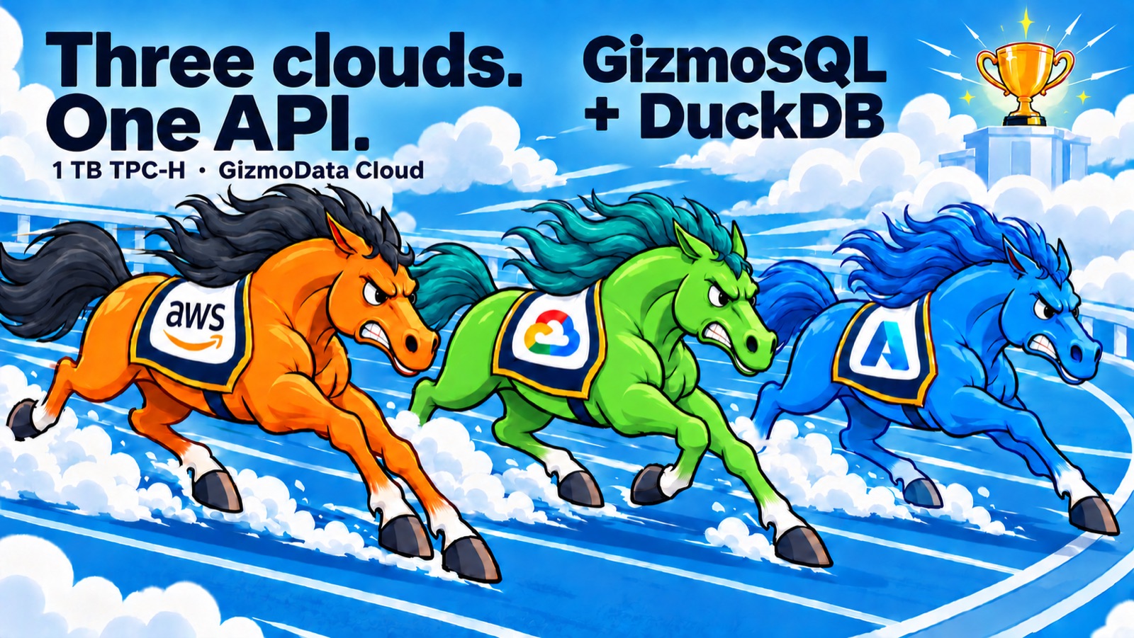 Three cartoon racehorses in AWS orange, Google green and Azure blue racing on a track, with the words Three clouds. One API. GizmoSQL + DuckDB, 1 TB TPC-H on GizmoData Cloud