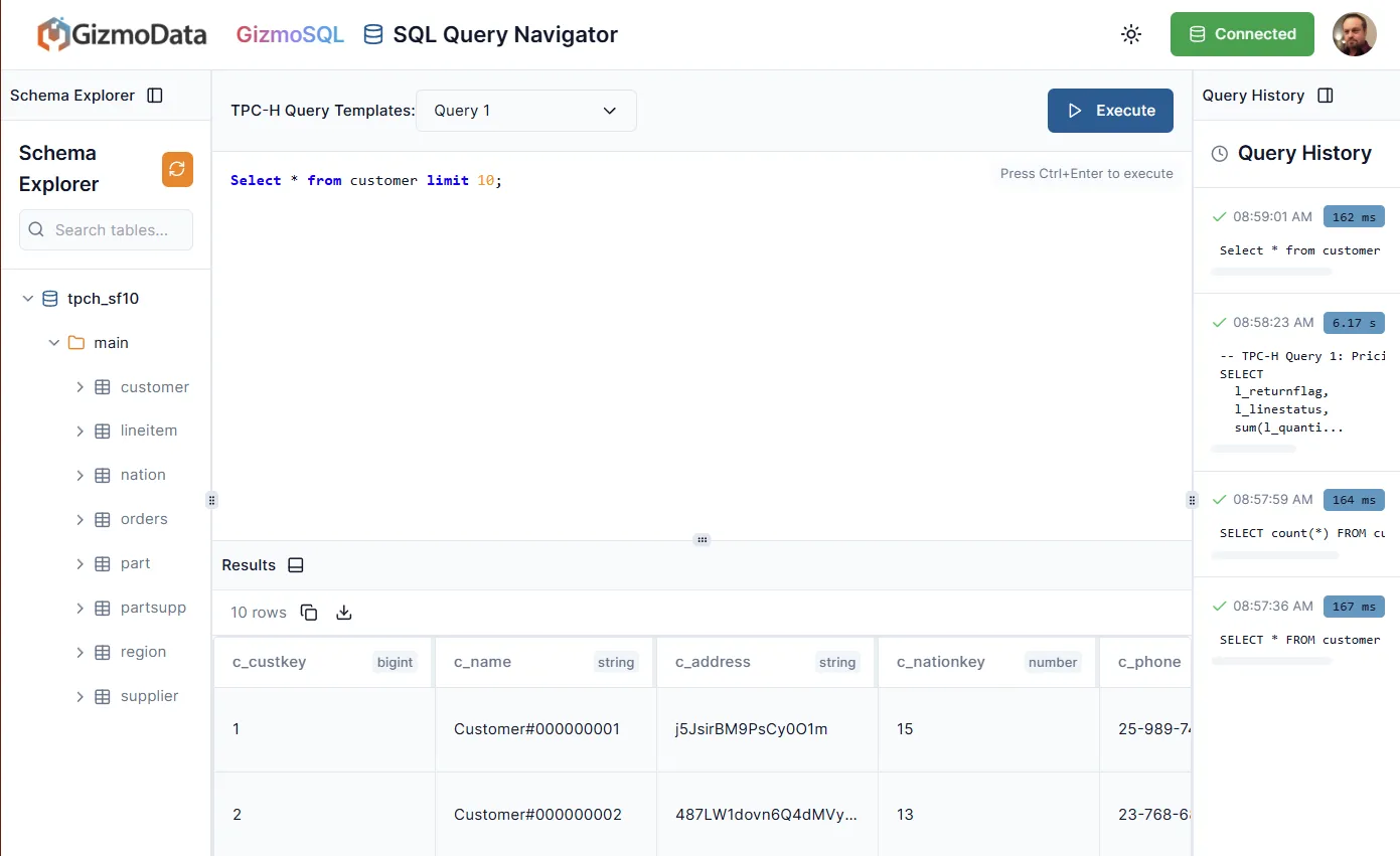 GizmoSQL SQL Editor interface showing the default view with query execution and query history