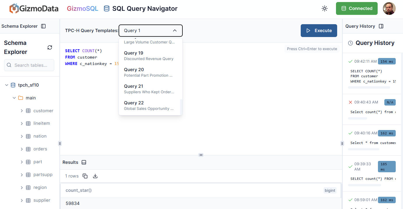 GizmoSQL showing customer table query results - 60,000 records returned in 154ms