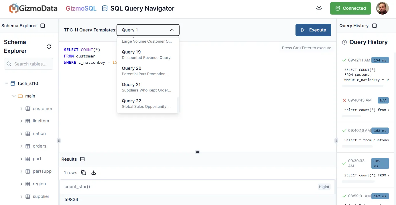 GizmoSQL showing customer table query results - 60,000 records returned in 154ms