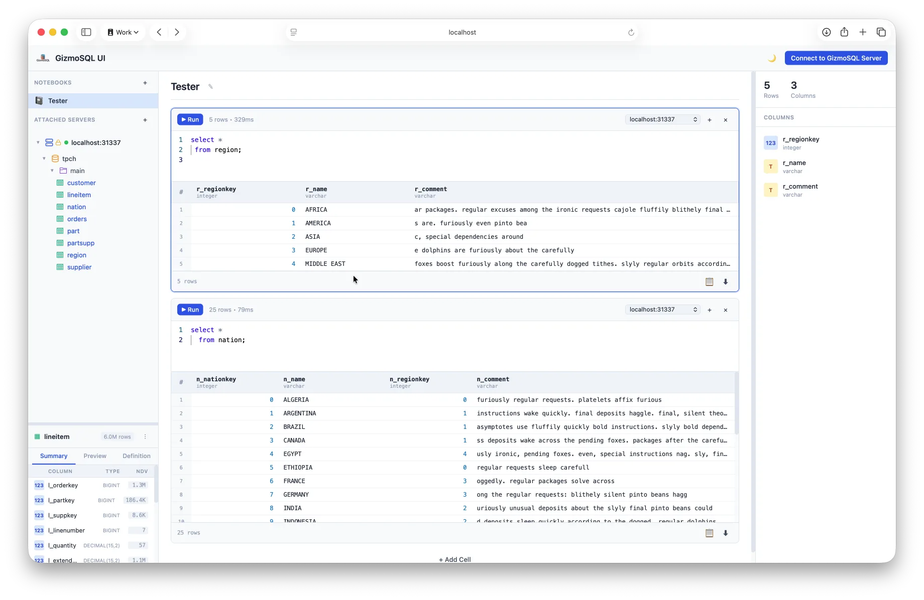 GizmoSQL UI — Monaco SQL editor, schema browser, and results grid connected to a GizmoSQL server