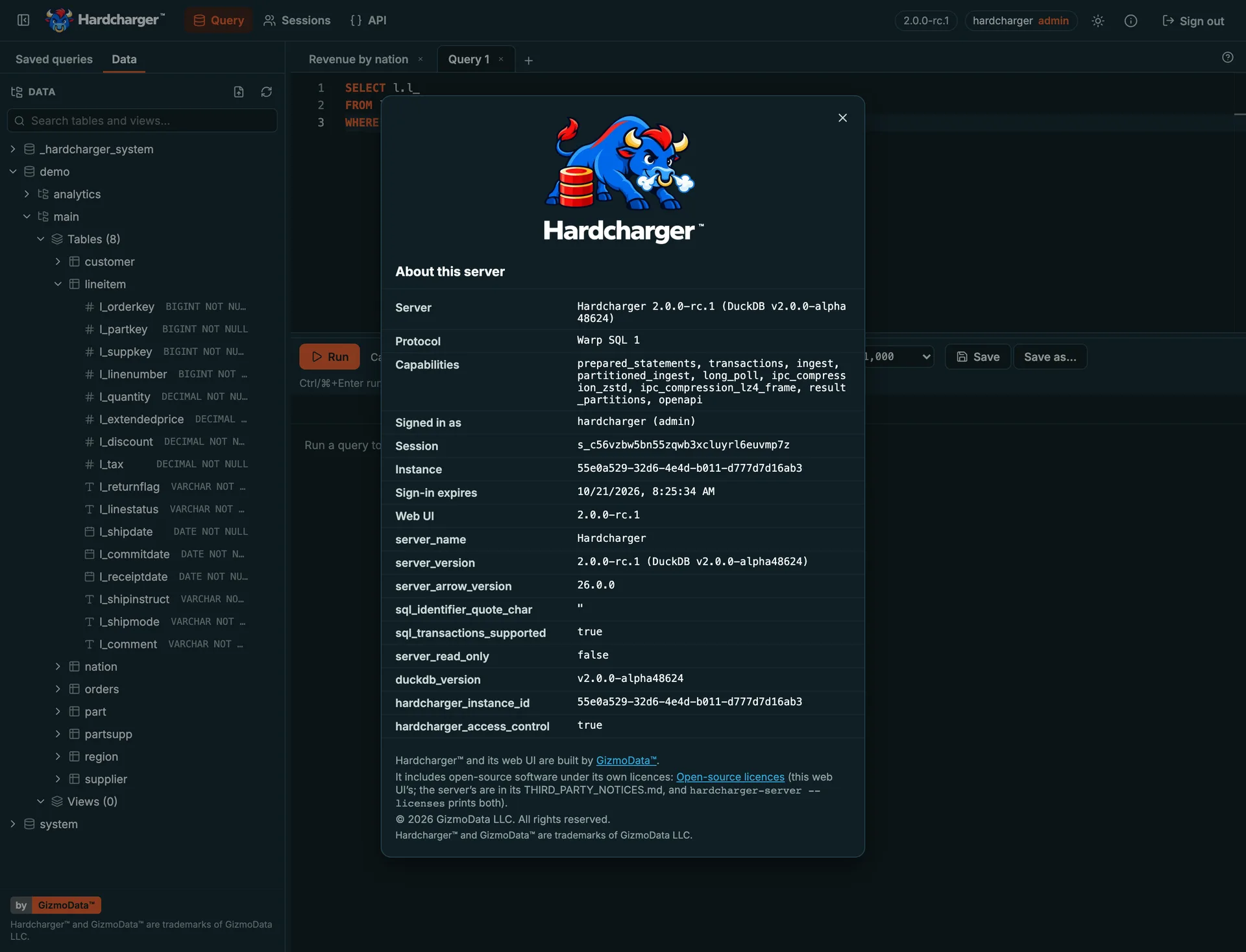 Hardcharger web UI: the About dialog with the Hardcharger bull
