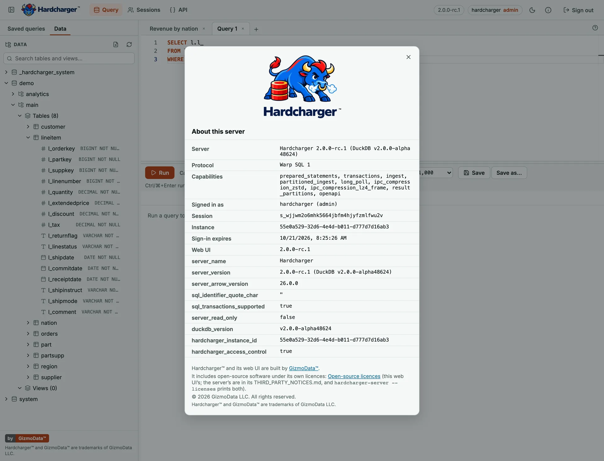 Hardcharger web UI: the About dialog with the Hardcharger bull