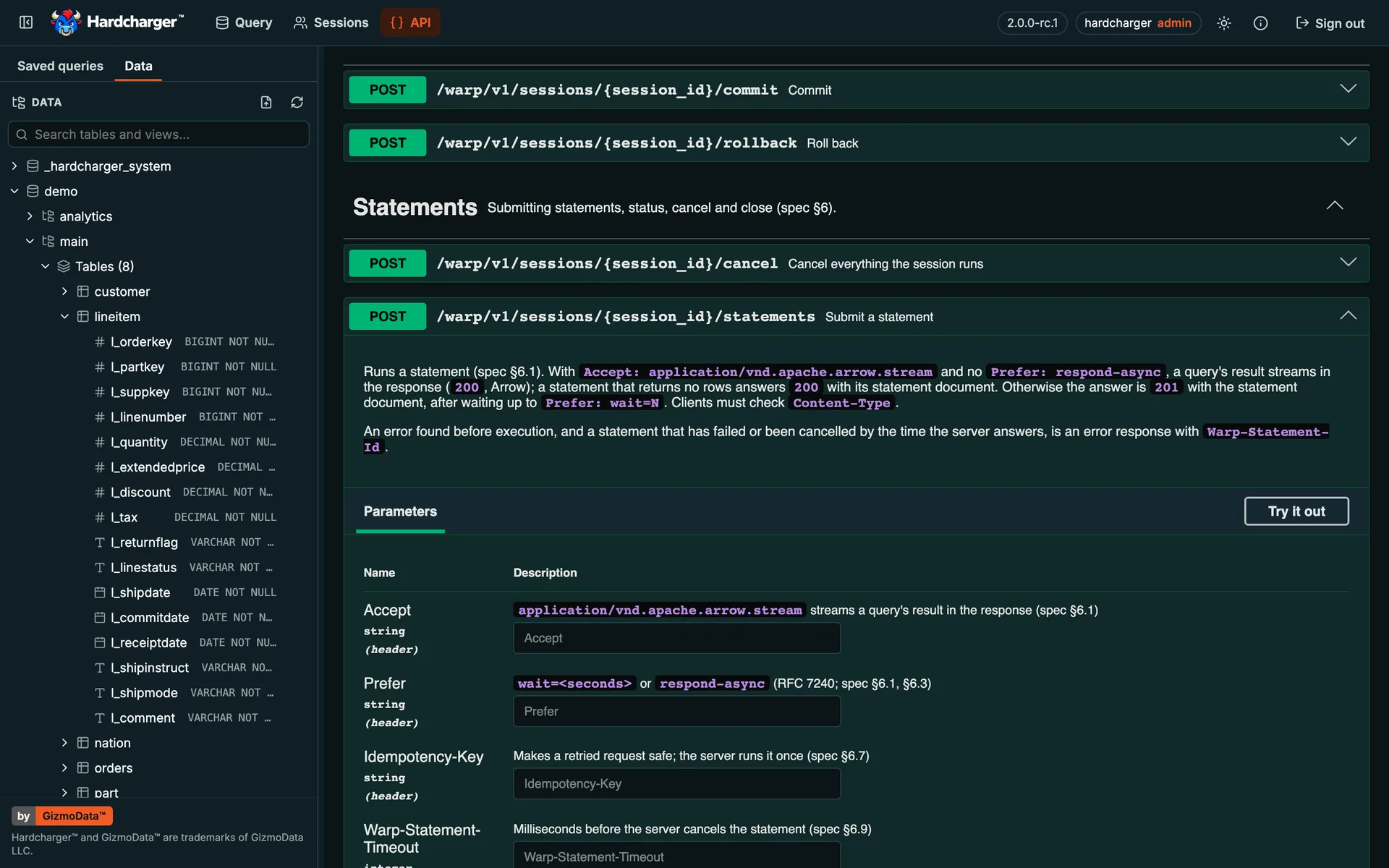 Hardcharger web UI: the API page, the server’s Warp SQL API in Swagger UI
