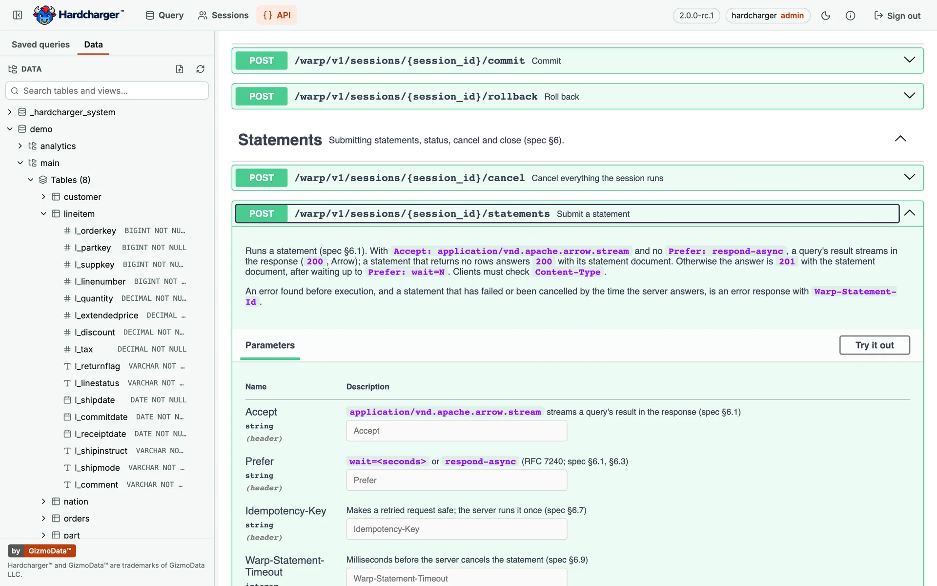 Hardcharger web UI: the API page, the server’s Warp SQL API in Swagger UI