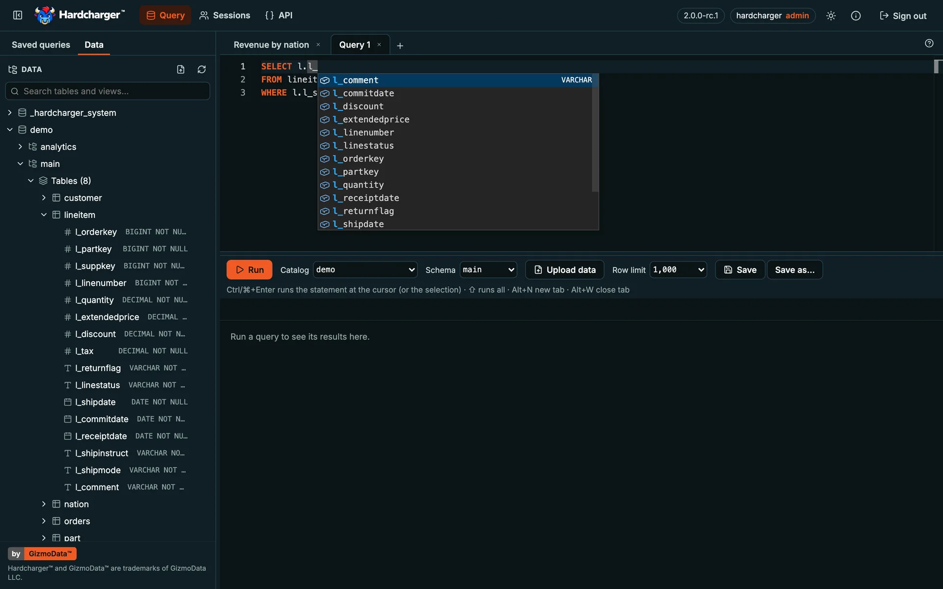 Hardcharger web UI: autocomplete offering columns and tables in the SQL editor