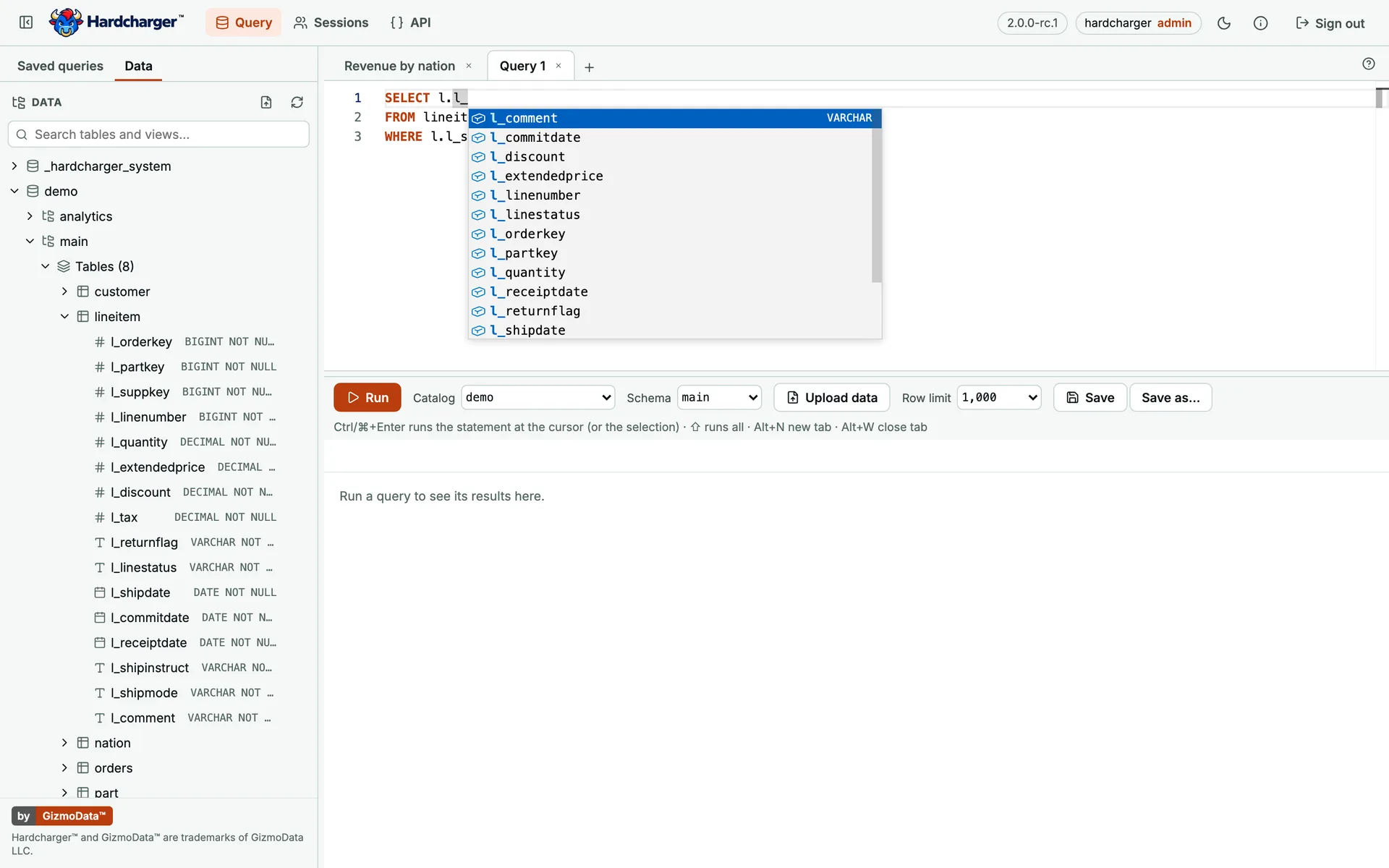 Hardcharger web UI: autocomplete offering columns and tables in the SQL editor