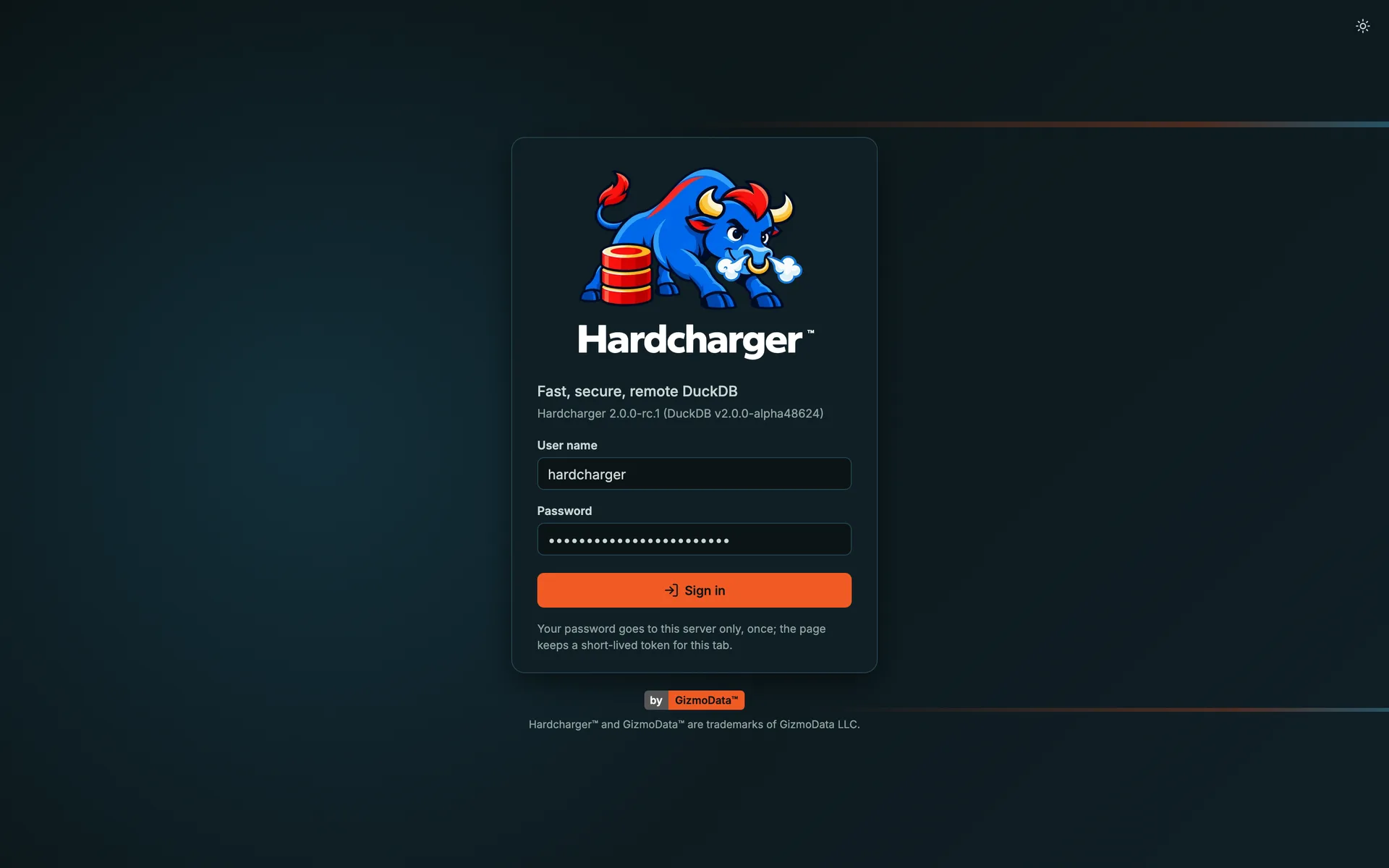 Hardcharger web UI: the sign-in page