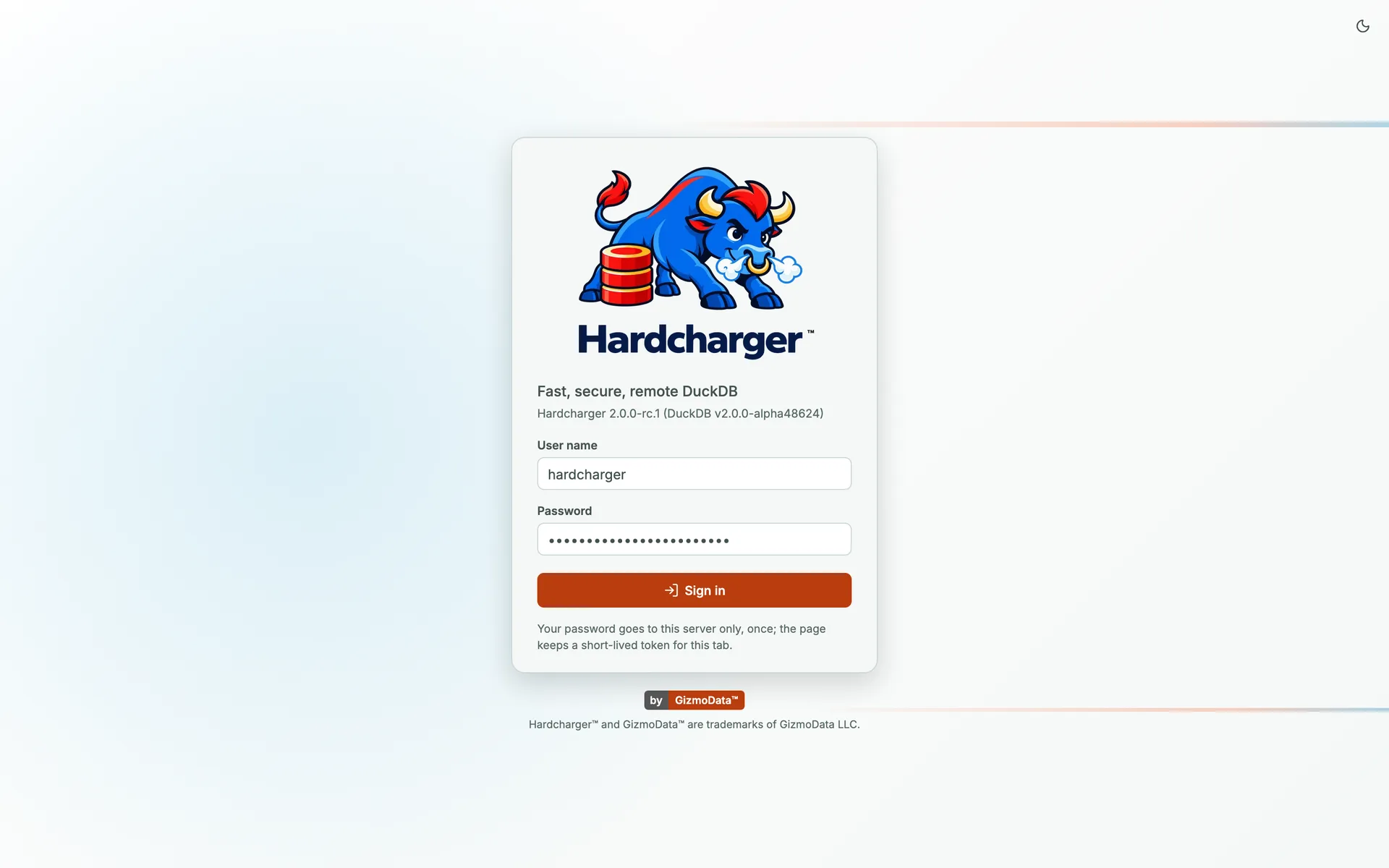 Hardcharger web UI: the sign-in page
