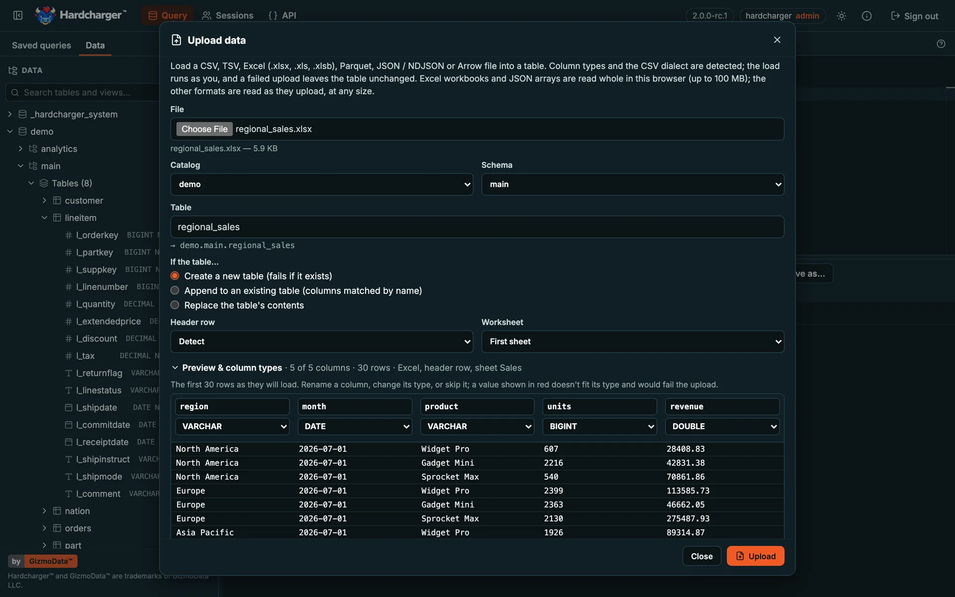 Hardcharger web UI: the Upload data dialog previewing an Excel workbook’s columns and types