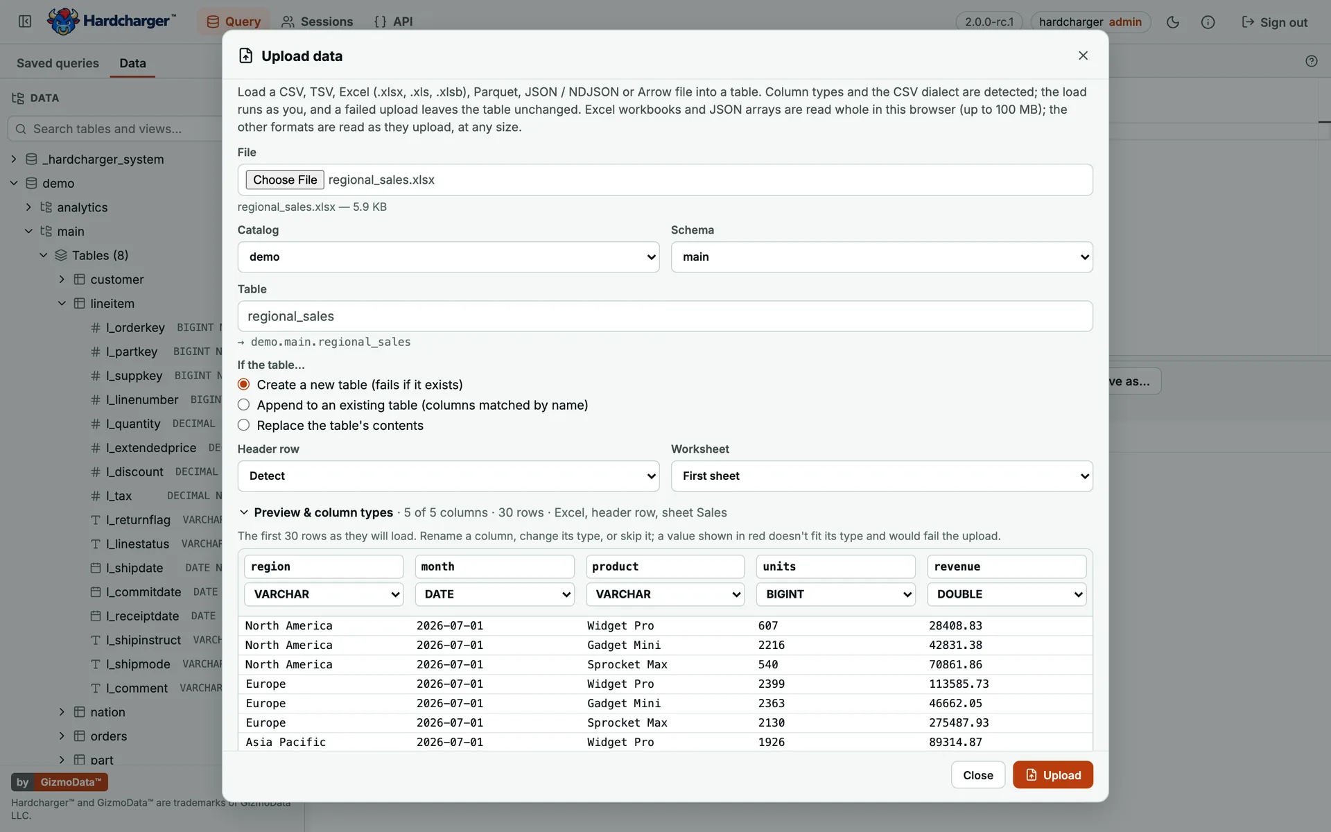 Hardcharger web UI: the Upload data dialog previewing an Excel workbook’s columns and types
