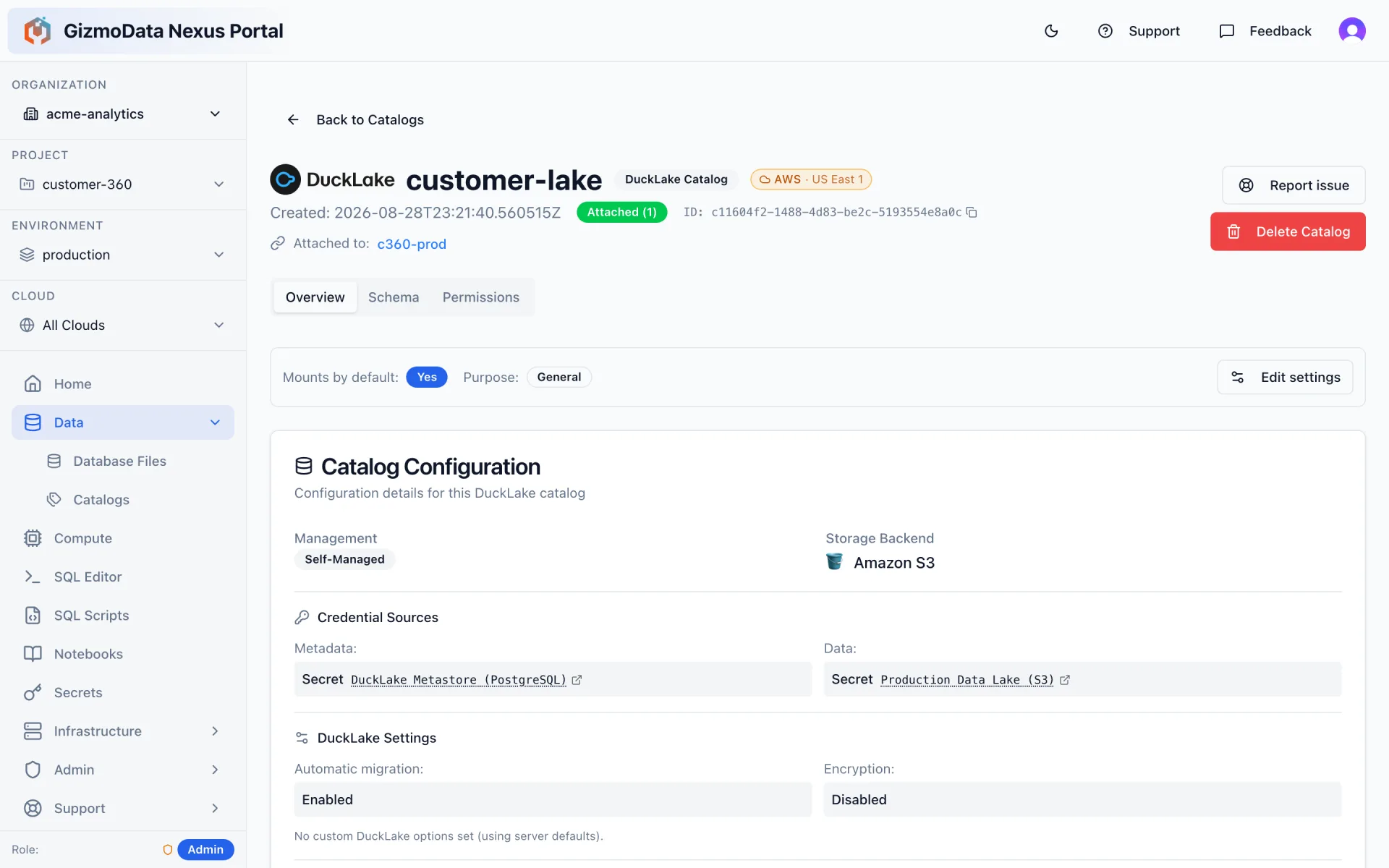 GizmoData Cloud catalog detail page for a DuckLake catalog on AWS US East 1 showing its metadata and data credential sources, storage backend and DuckLake settings