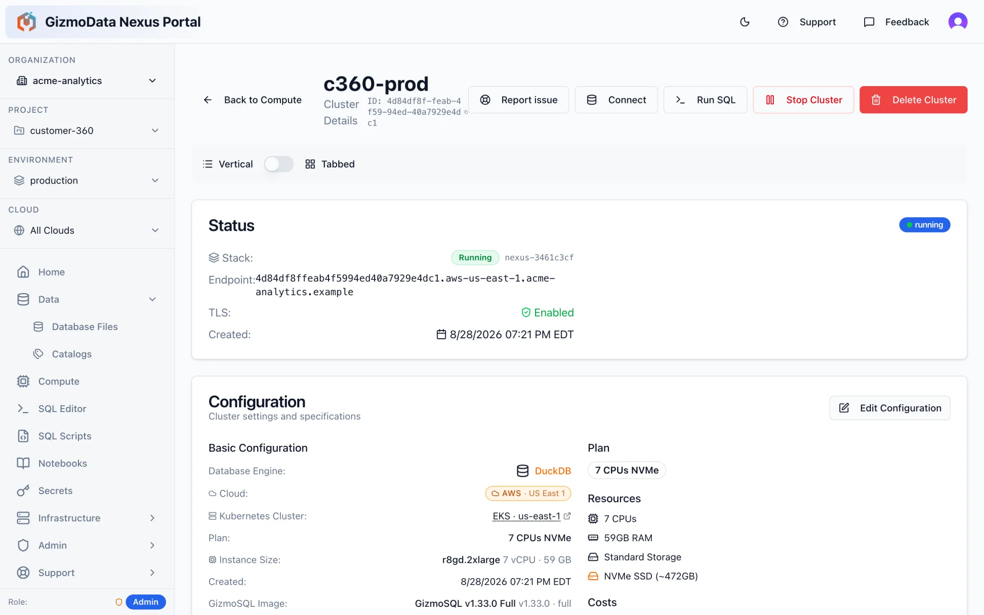 GizmoData Cloud cluster detail page showing a running GizmoSQL cluster on AWS US East 1 with its Kubernetes cluster, r8gd.2xlarge instance size, 7 CPUs, 59 GB RAM and NVMe SSD
