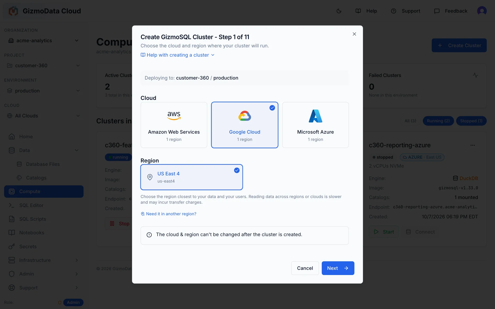 GizmoData Cloud create-cluster wizard, step 1 of 11: Google Cloud selected from the AWS, Google Cloud and Microsoft Azure tiles, with region US East 4