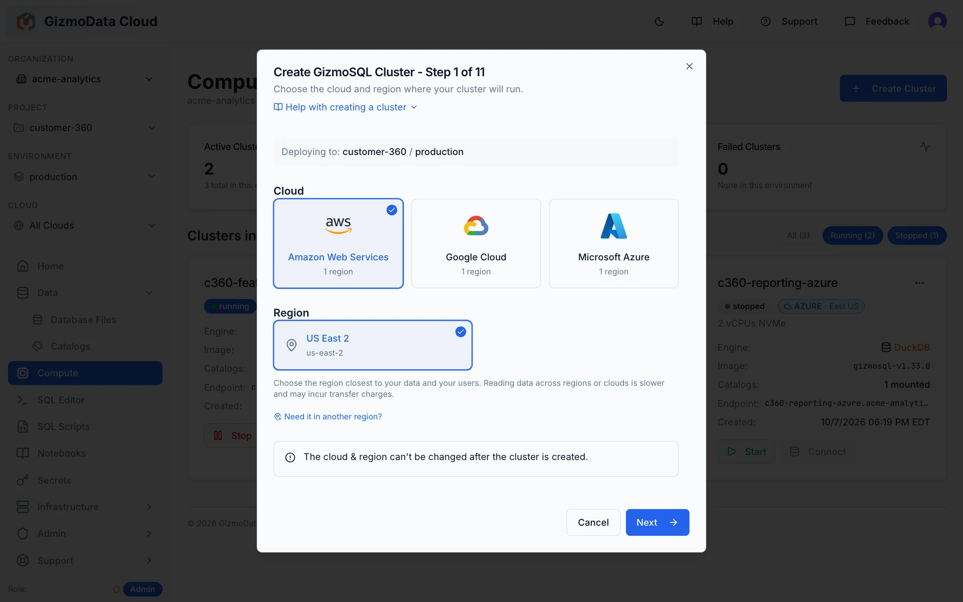 GizmoData Cloud create-cluster wizard, step 1 of 11: choose the cloud — Amazon Web Services, Google Cloud or Microsoft Azure — and then the region, here AWS US East 2