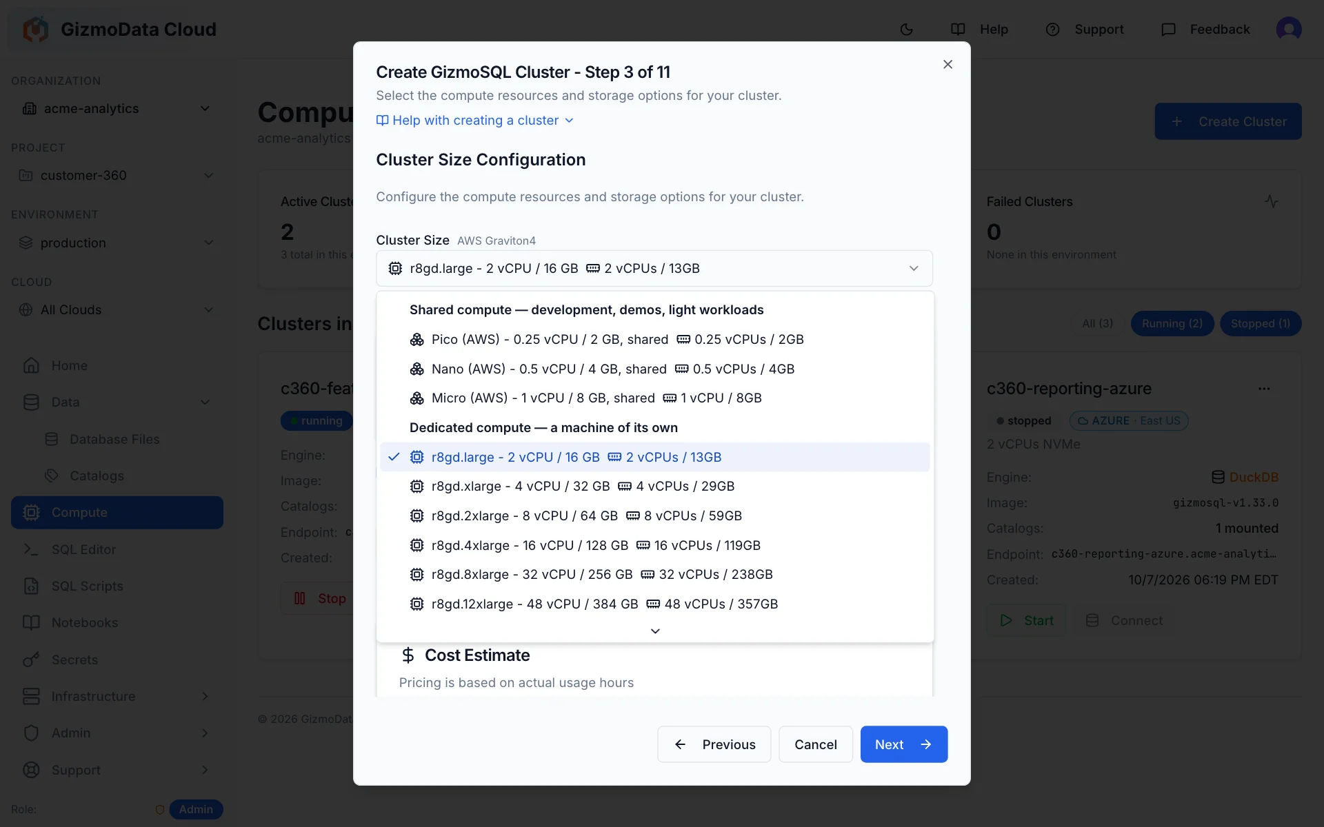 The cluster size picker in the create-cluster wizard: a Shared compute group with Pico (0.25 vCPU / 2 GB), Nano (0.5 vCPU / 4 GB) and Micro (1 vCPU / 8 GB) sizes above the Dedicated compute group of AWS Graviton4 r8gd machines