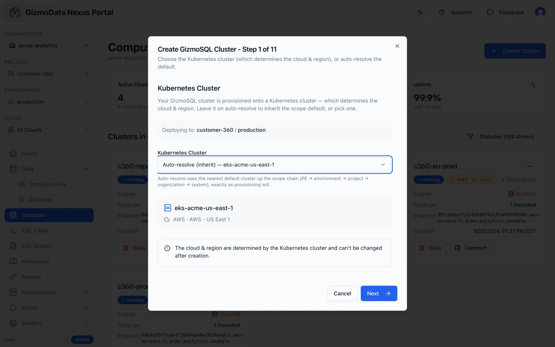 GizmoData Cloud create-cluster wizard, step 1 of 11: choosing the Kubernetes cluster, with auto-resolve showing the inherited default EKS cluster in AWS US East 1