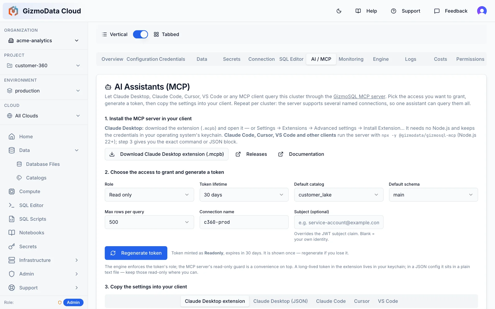 GizmoData Cloud AI / MCP tab for a cluster: install the GizmoSQL MCP server, choose a read-only role, a 30-day token lifetime, default catalog customer_lake and schema main, and generate a token