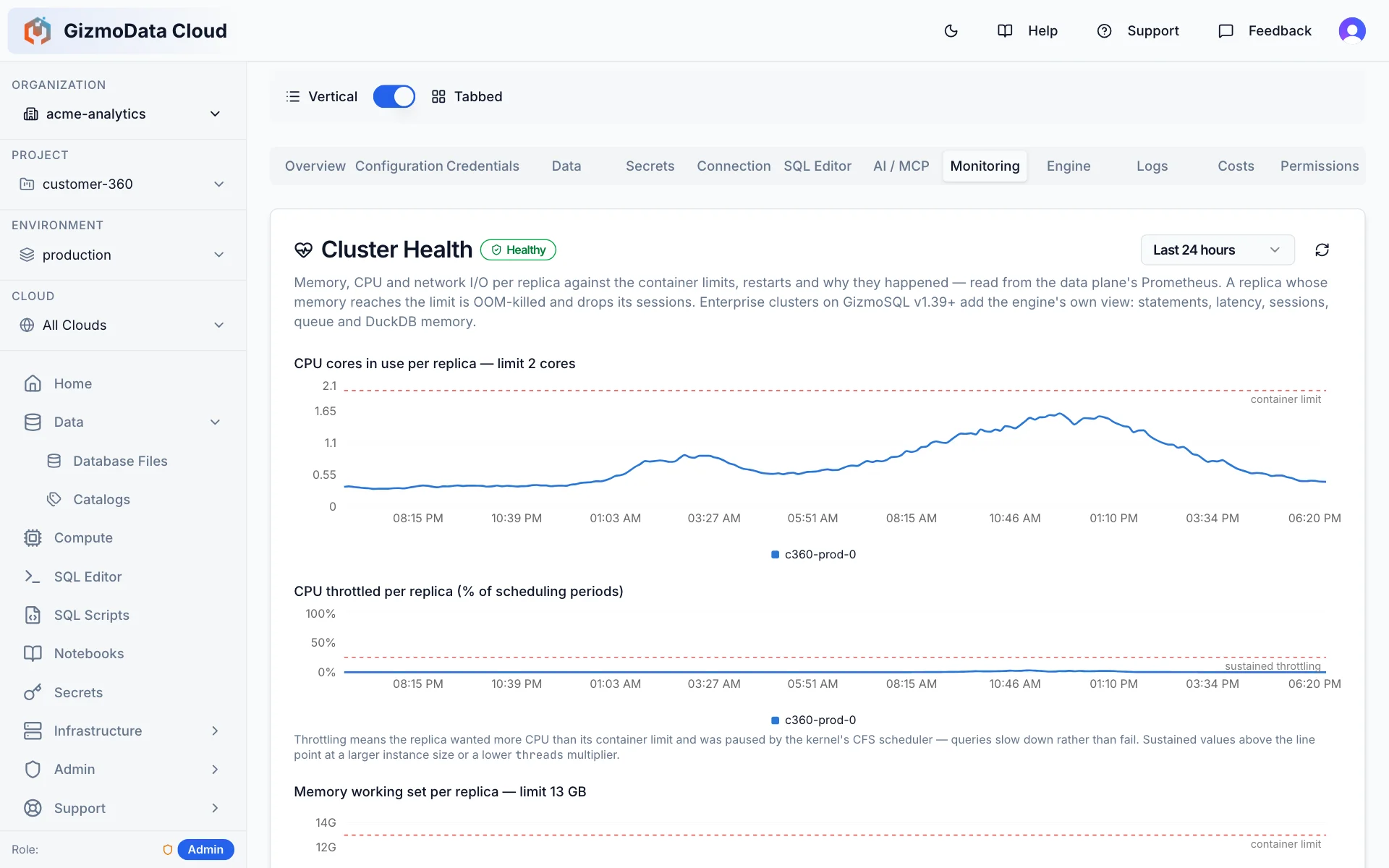 GizmoData Cloud Monitoring tab showing a healthy cluster: CPU cores in use against a 2-core limit and CPU throttling over the last 24 hours