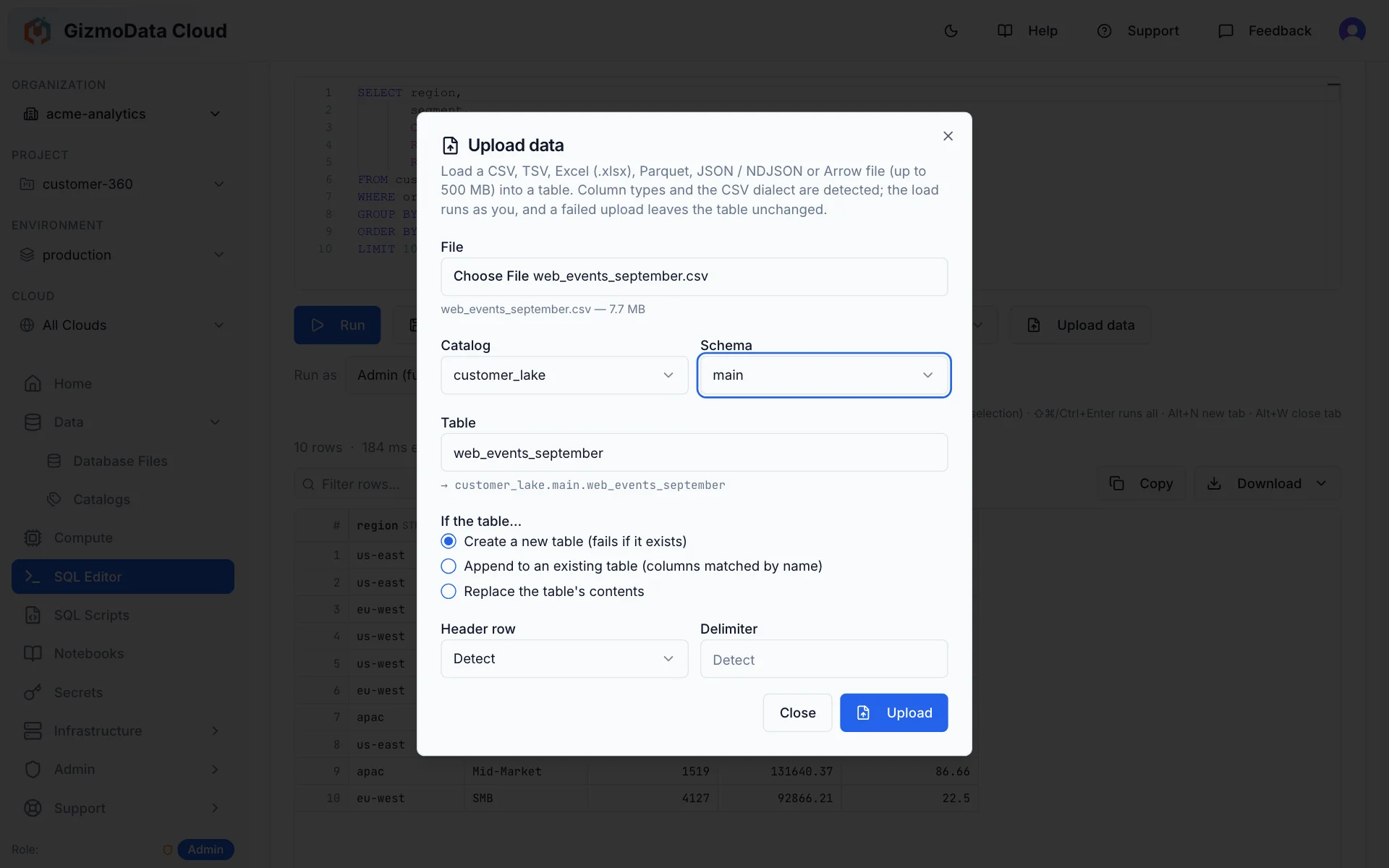 GizmoData Cloud Upload data dialog loading web_events_september.csv into a new table customer_lake.main.web_events_september, with options to create, append or replace the table