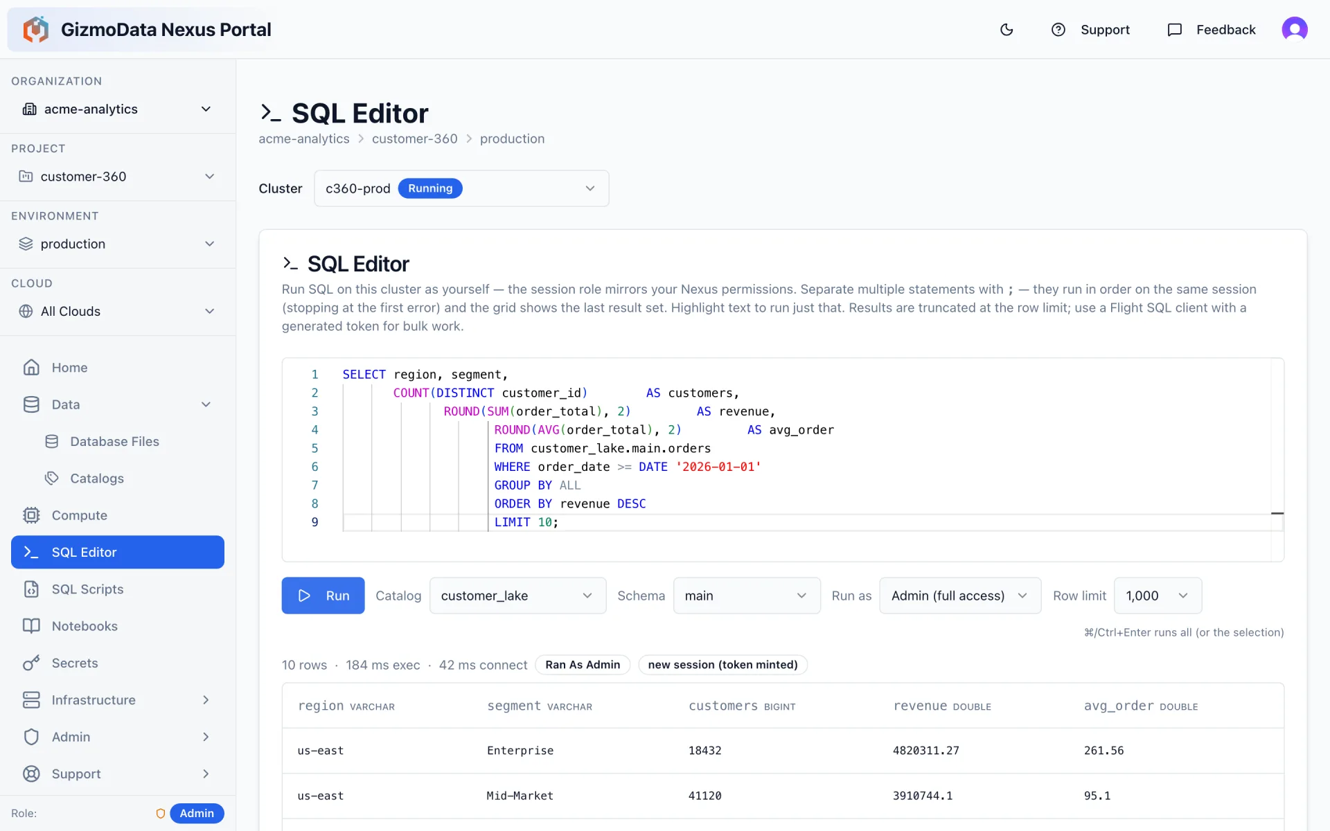 GizmoData Cloud SQL editor running an aggregate query against a DuckLake catalog on a running cluster and showing a results grid with 10 rows